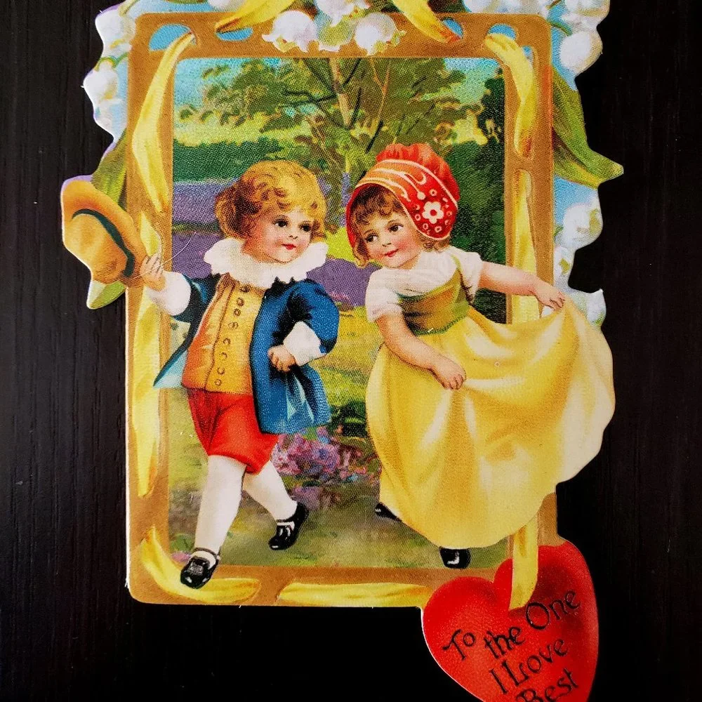 Victorian Girl in Basket, Framed Girl Boy, Cupid Valentine's Day Card Lot of 4